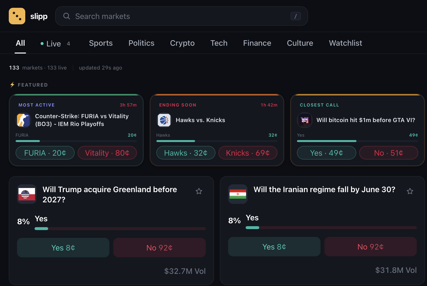The Slipp app showing live prediction markets and a parlay slip